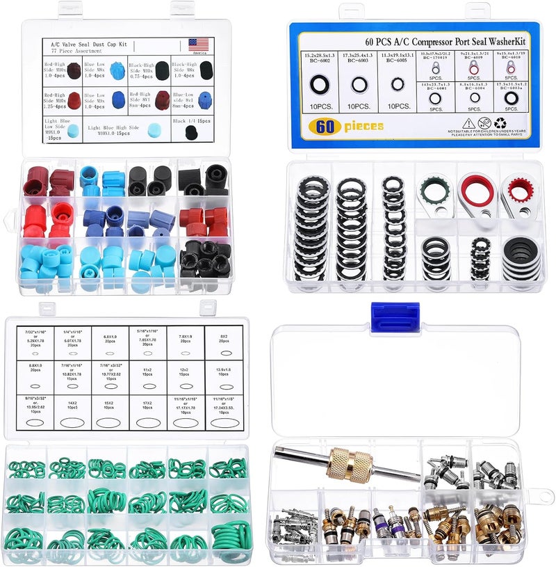 Threlaco Car A/c Valve Core, 270 Pcs O-ring Kit, 60 Pcs Compressor Gasket Seals, 77 Piece Dust Cap 39 Piece Valve Core R12 R134a Kit O Ring Cap Compressor Port Seal Remover for A/c Refrigeration System - Image 1